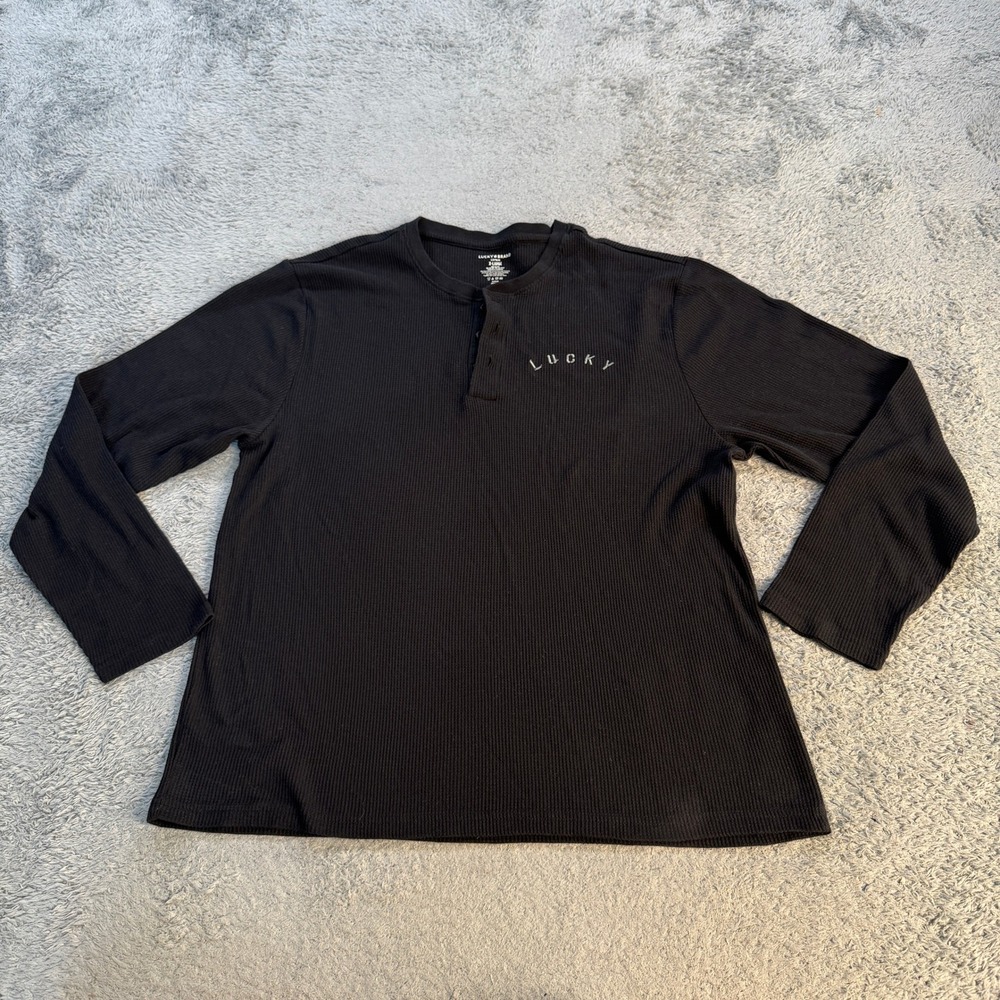 Lucky Brand Mens Sleepwear Henley Shirt XL Black Waffle Knit Cotton Blend